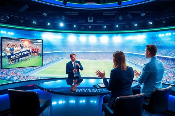 Engaging scene of Sports Broadcasting hosts in action within a vibrant studio setup.
