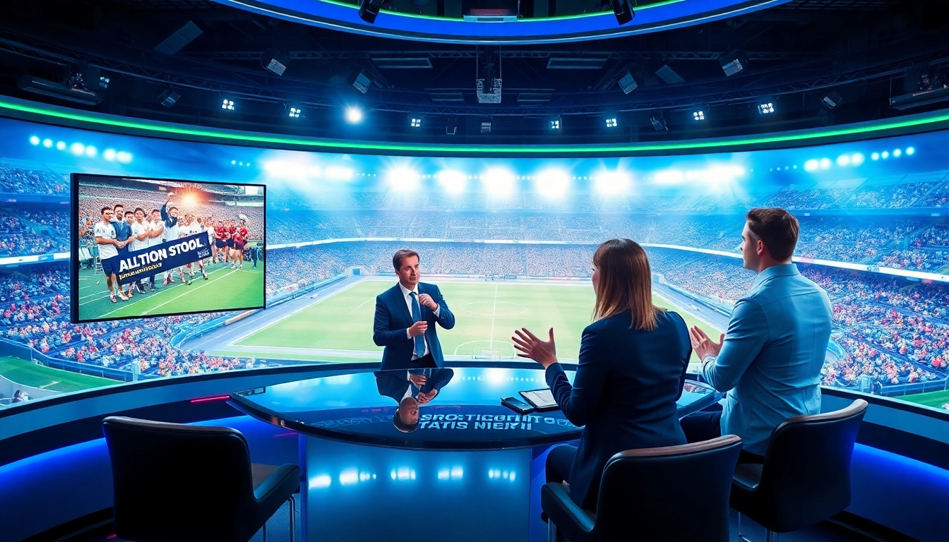 Engaging scene of Sports Broadcasting hosts in action within a vibrant studio setup.