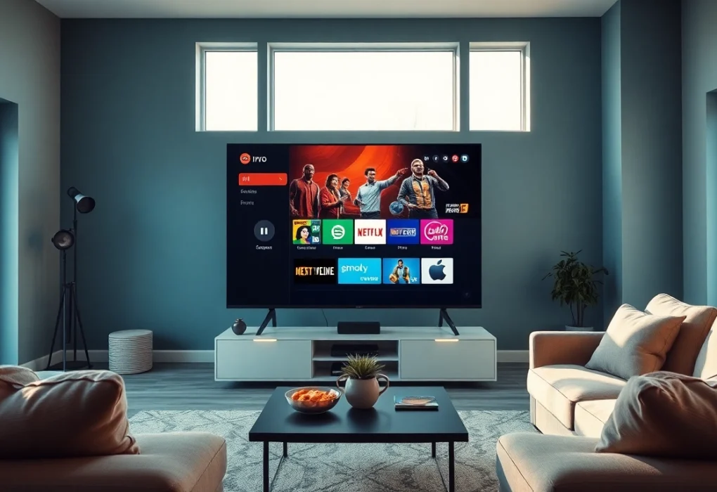 Iron TV Pro showcased on a Smart TV in a cozy living room, emphasizing quality entertainment experience.