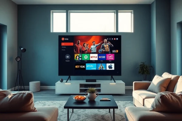Iron TV Pro showcased on a Smart TV in a cozy living room, emphasizing quality entertainment experience.