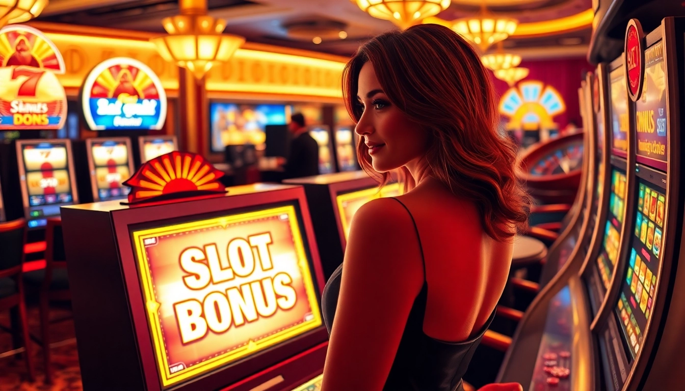 Experience the thrill of winning slot bonuses at a vibrant casino scene with joyful players.