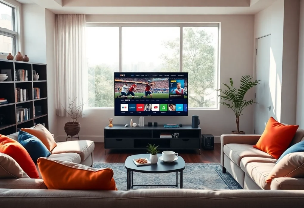 Iron TV Pro streaming on a Smart TV in a modern living room, showcasing vibrant decor.