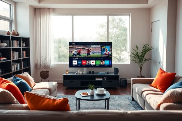 Iron TV Pro streaming on a Smart TV in a modern living room, showcasing vibrant decor.