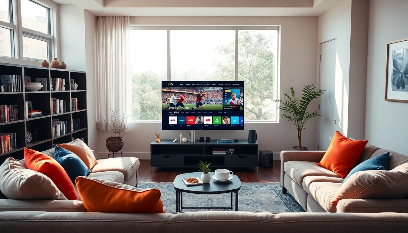 Iron TV Pro streaming on a Smart TV in a modern living room, showcasing vibrant decor.