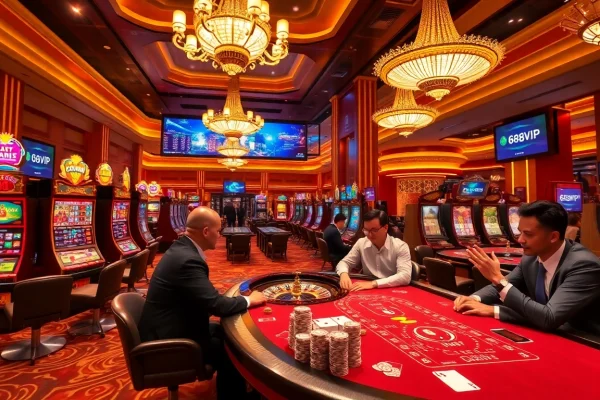 Engaged players enjoy an exciting game at 68VIP casino, showcasing vibrant slots and elegant tables.