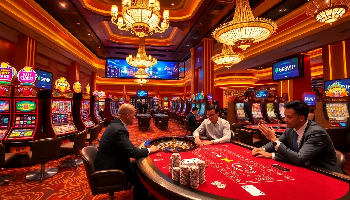 Engaged players enjoy an exciting game at 68VIP casino, showcasing vibrant slots and elegant tables.