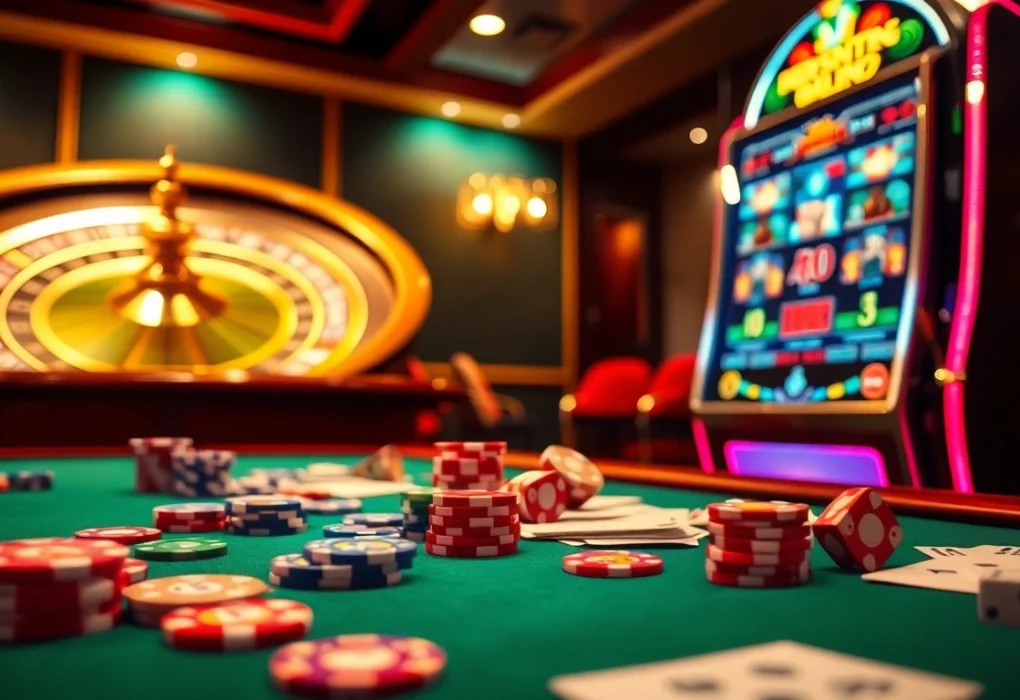 Visual representation of a casino en ligne fiable, showcasing poker chips, a roulette wheel, and an inviting slot machine.