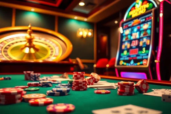 Visual representation of a casino en ligne fiable, showcasing poker chips, a roulette wheel, and an inviting slot machine.