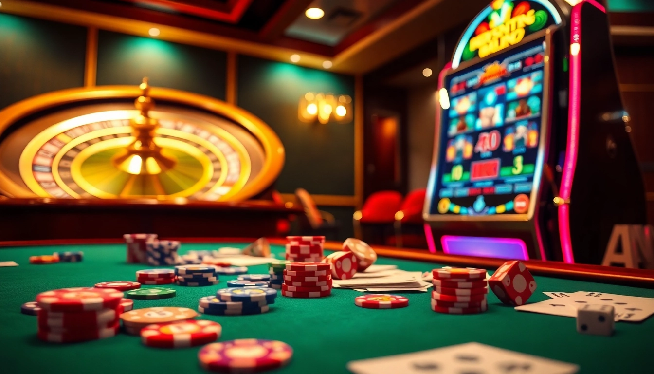 Visual representation of a casino en ligne fiable, showcasing poker chips, a roulette wheel, and an inviting slot machine.