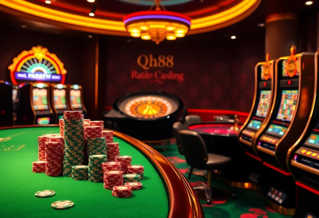 Experience the thrilling qh88 online casino atmosphere with vibrant tables, chips, and slot machines.