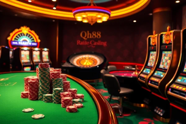 Experience the thrilling qh88 online casino atmosphere with vibrant tables, chips, and slot machines.
