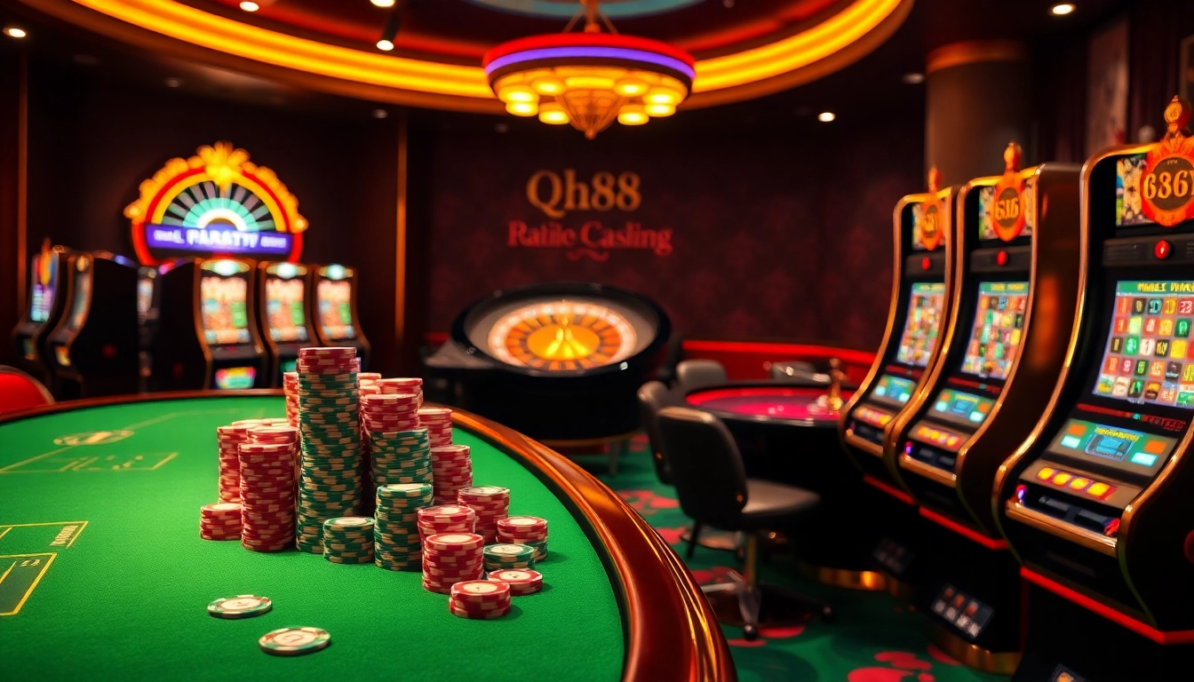 Experience the thrilling qh88 online casino atmosphere with vibrant tables, chips, and slot machines.