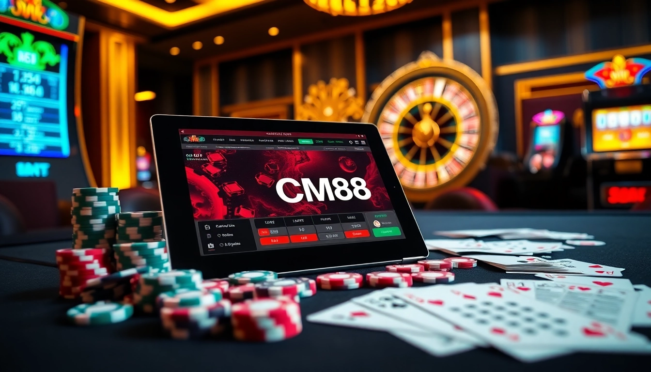 Experience the excitement of CM88 with vibrant poker chips and a roulette wheel.