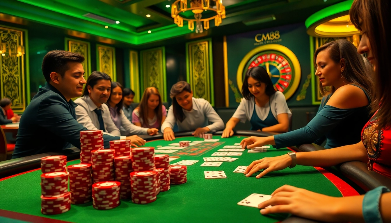 Players at a vibrant poker table showcasing CM88 betting slips and colorful chips in an exciting casino atmosphere.