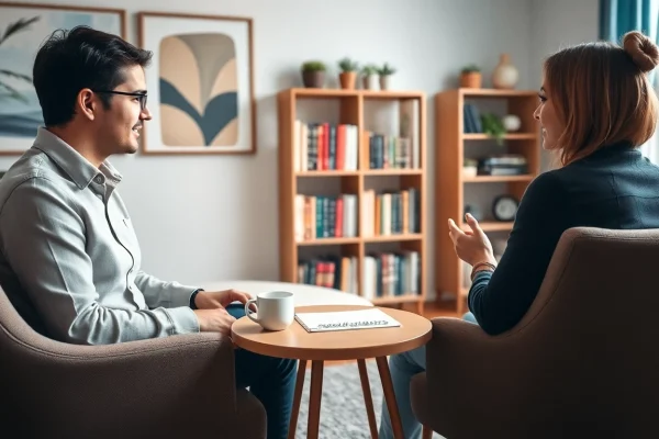 Mental health tips in a comforting therapy session with a therapist and client.